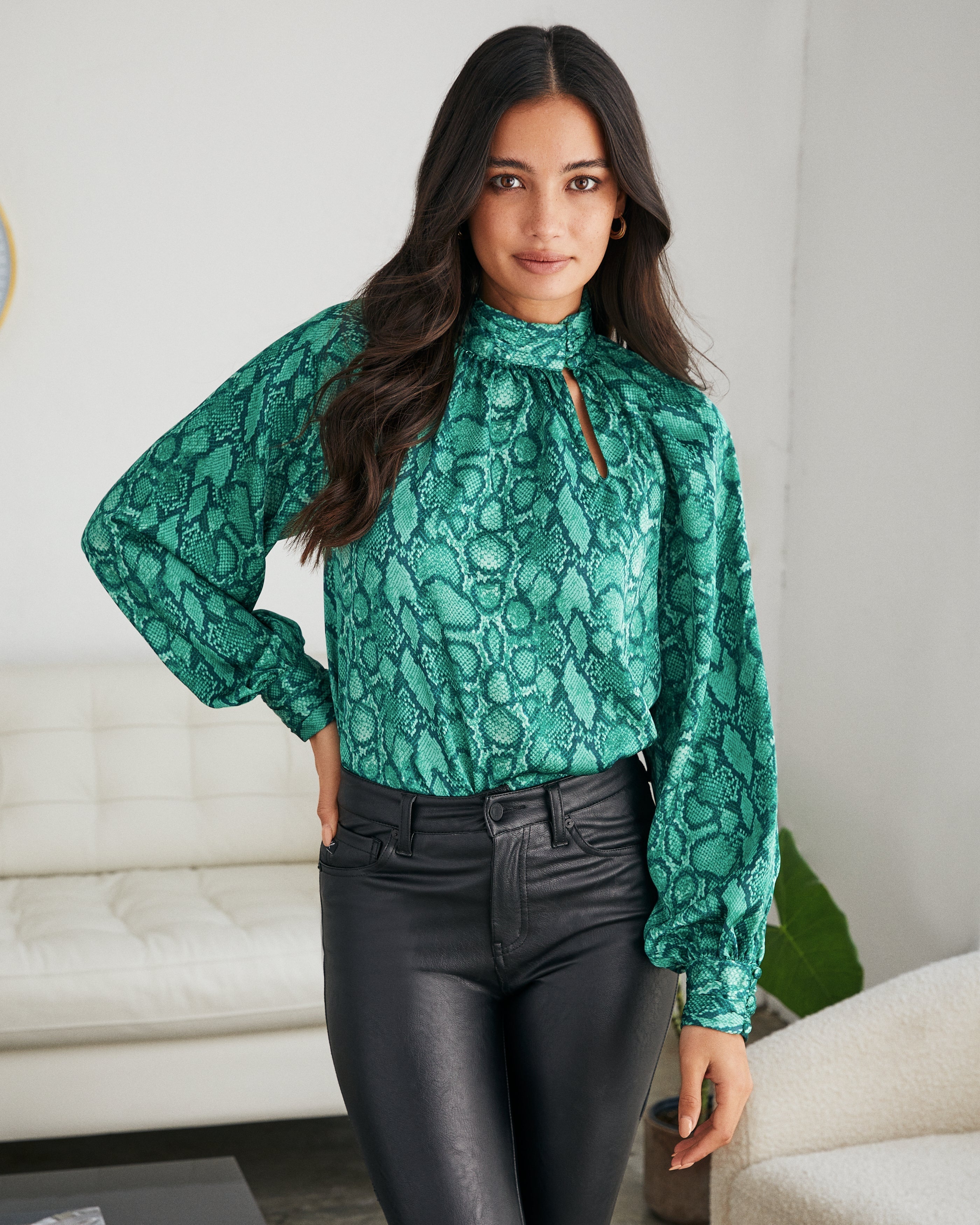 Slinky Satin Python Keyhole Blouse Oshnow