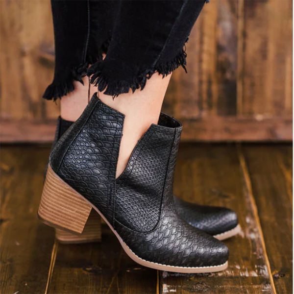 Slip on Cutout Ankle Boots Chunky Stacked Heel Western Booties Oshnow