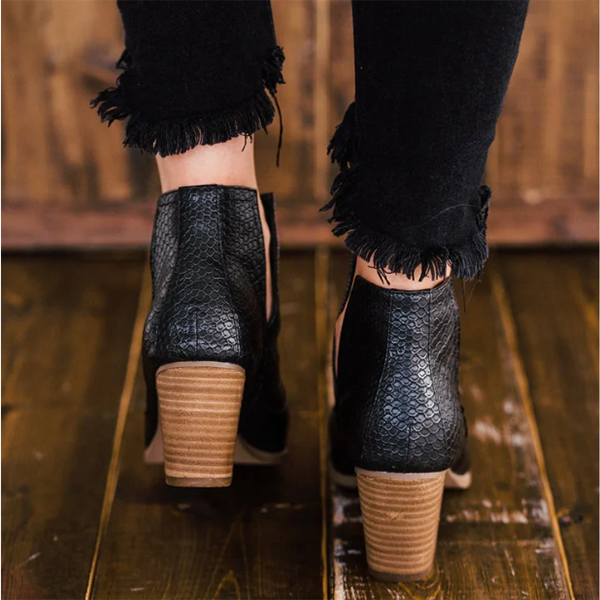 Slip on Cutout Ankle Boots Chunky Stacked Heel Western Booties Oshnow