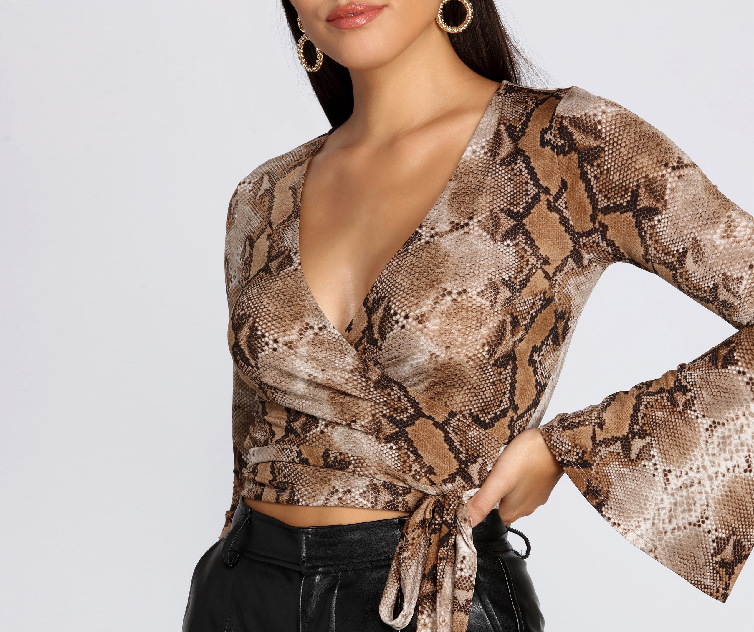 Snake Print Bell Sleeve Top Oshnow