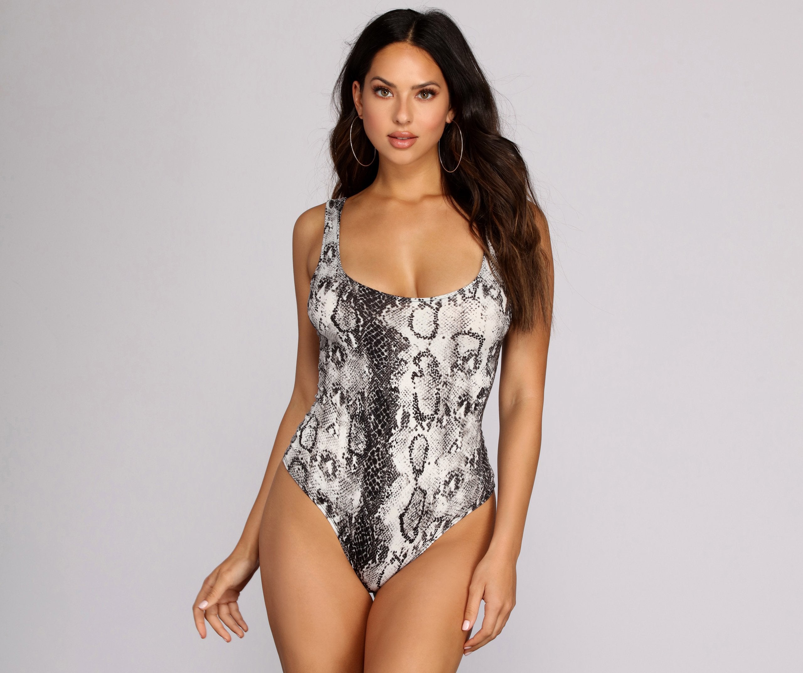 Snake Print Scoop Neck Bodysuit Oshnow