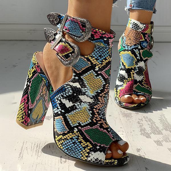 Snakeskin Ankle Buckled Chunky Heels Oshnow