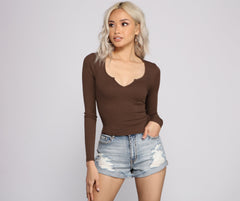 So Basic Notched Ribbed Knit Top Oshnow