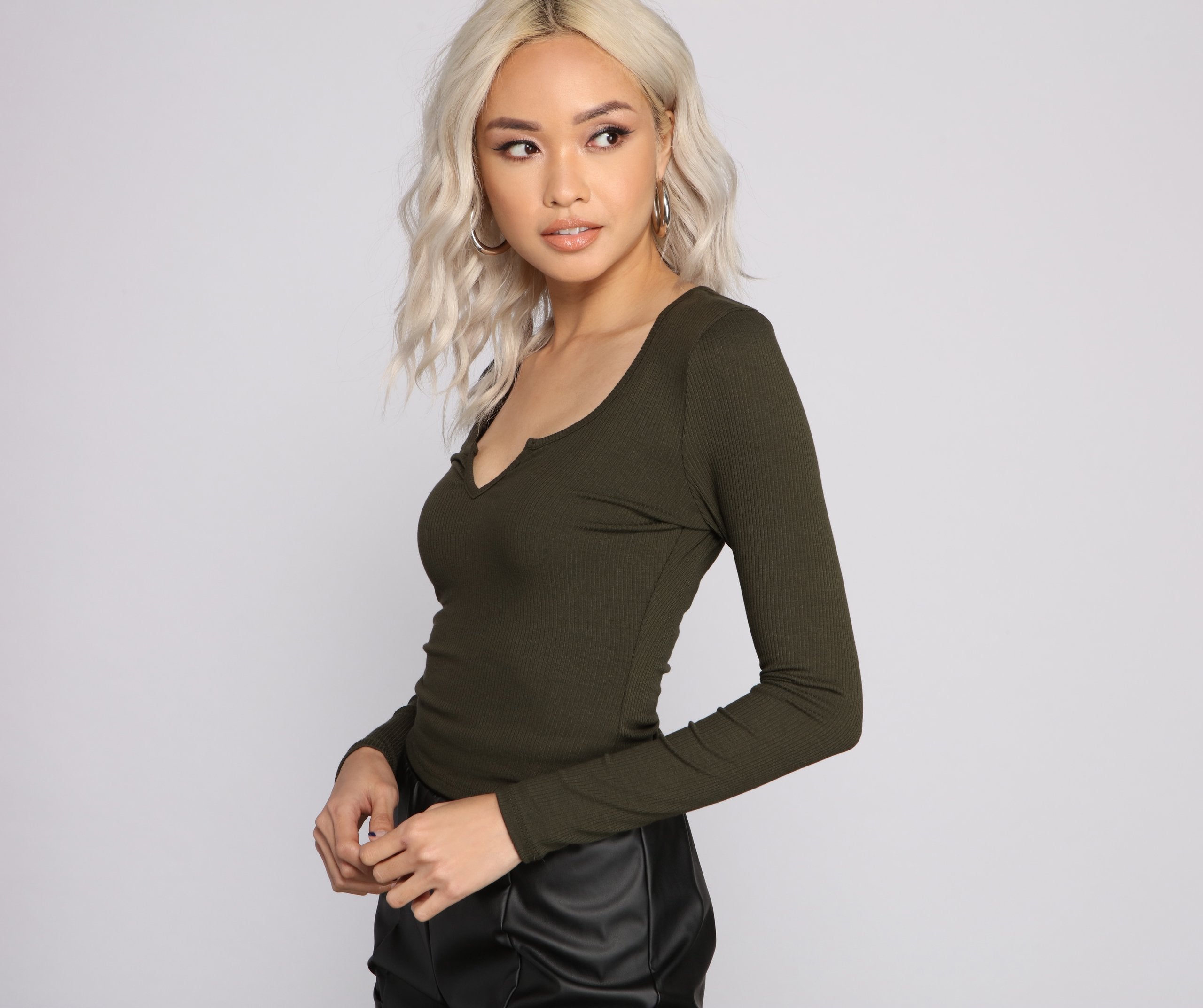 So Basic Notched Ribbed Knit Top Oshnow