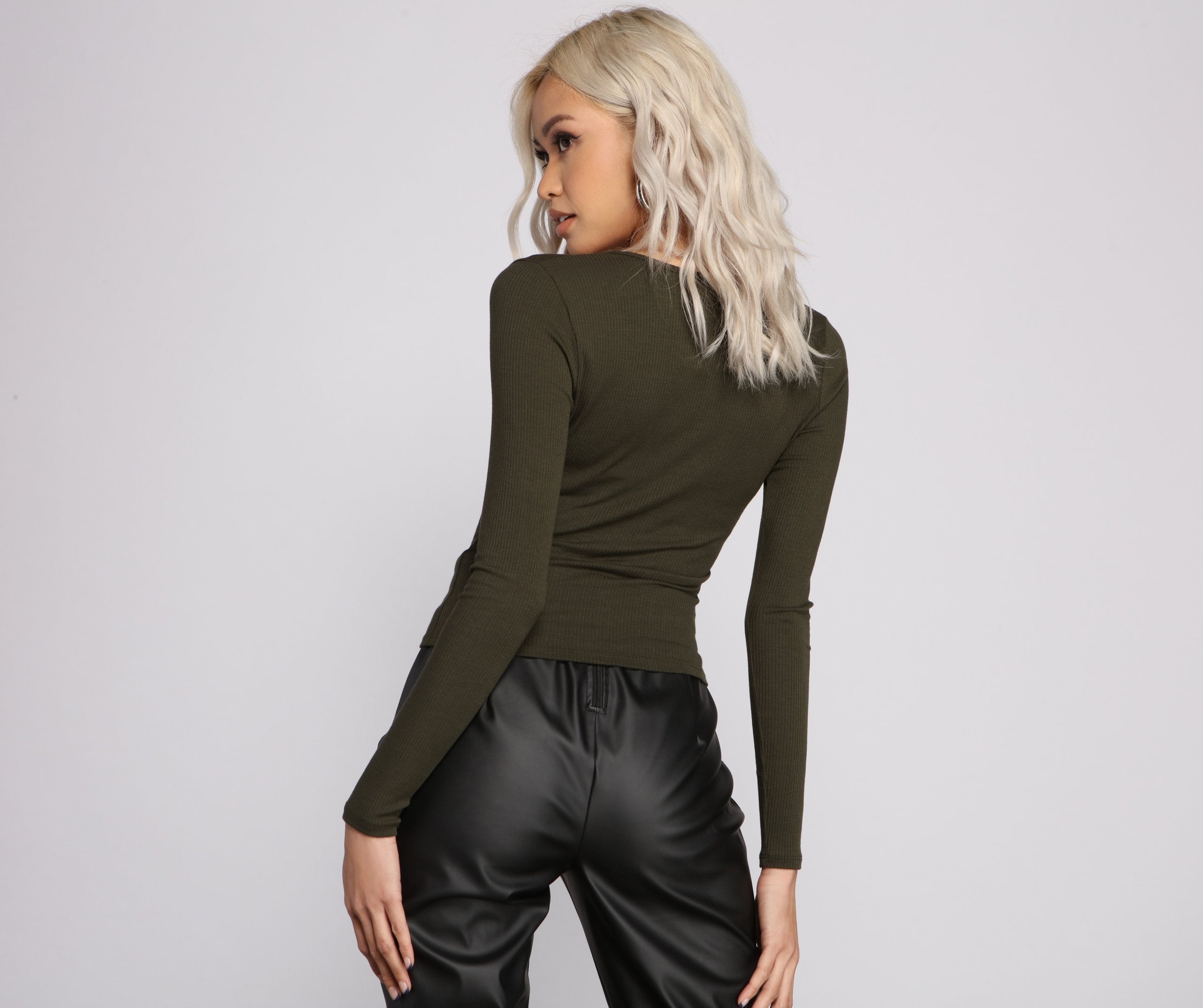 So Basic Notched Ribbed Knit Top Oshnow