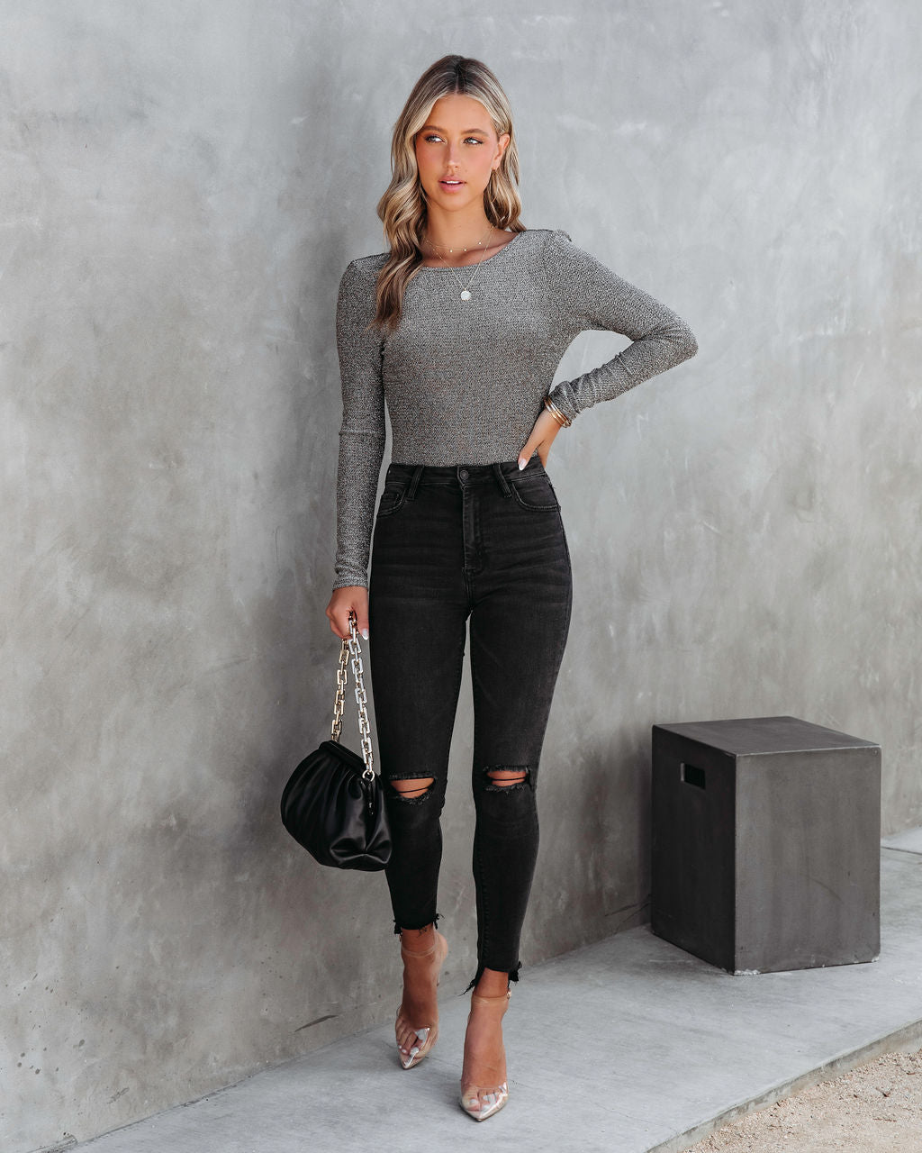 Social Queen Metallic Knit Bodysuit - SALE Oshnow