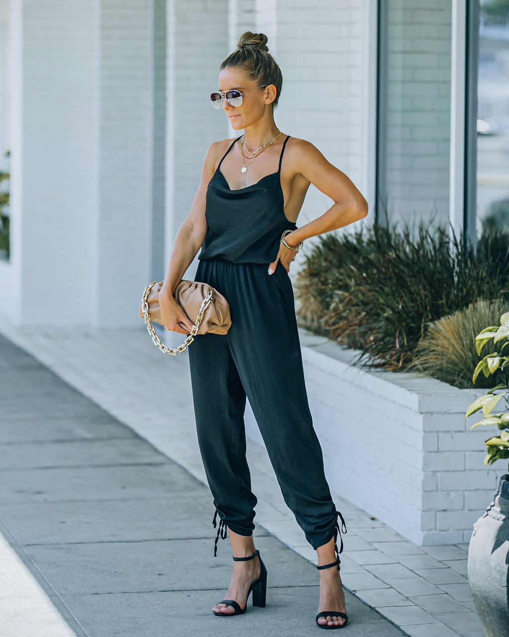 Spiffy Pocketed Satin Ruched Jumpsuit Oshnow