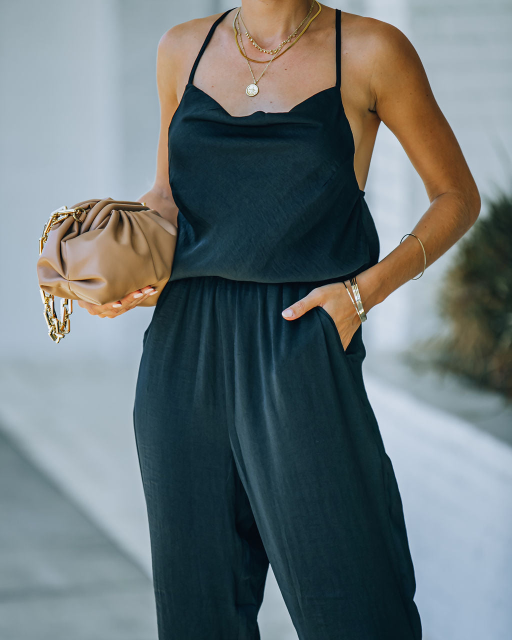 Spiffy Pocketed Satin Ruched Jumpsuit Oshnow