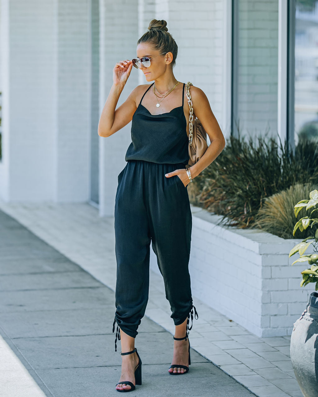 Spiffy Pocketed Satin Ruched Jumpsuit Oshnow