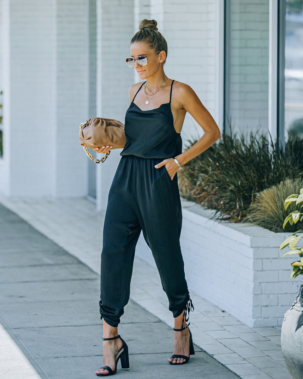 Spiffy Pocketed Satin Ruched Jumpsuit Oshnow