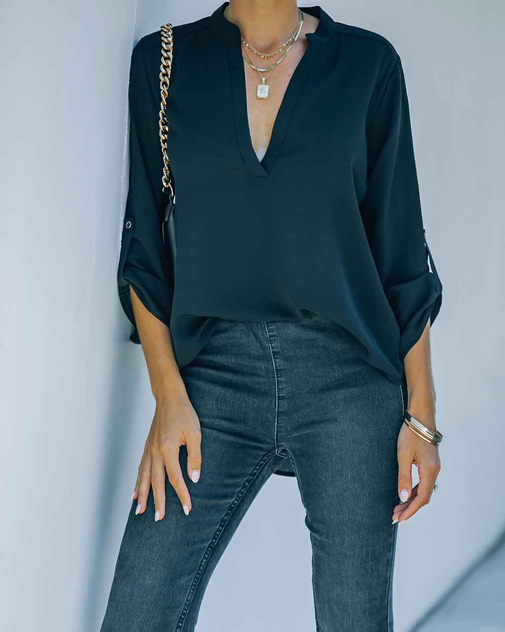 Split The Tab Blouse - New Black Oshnow