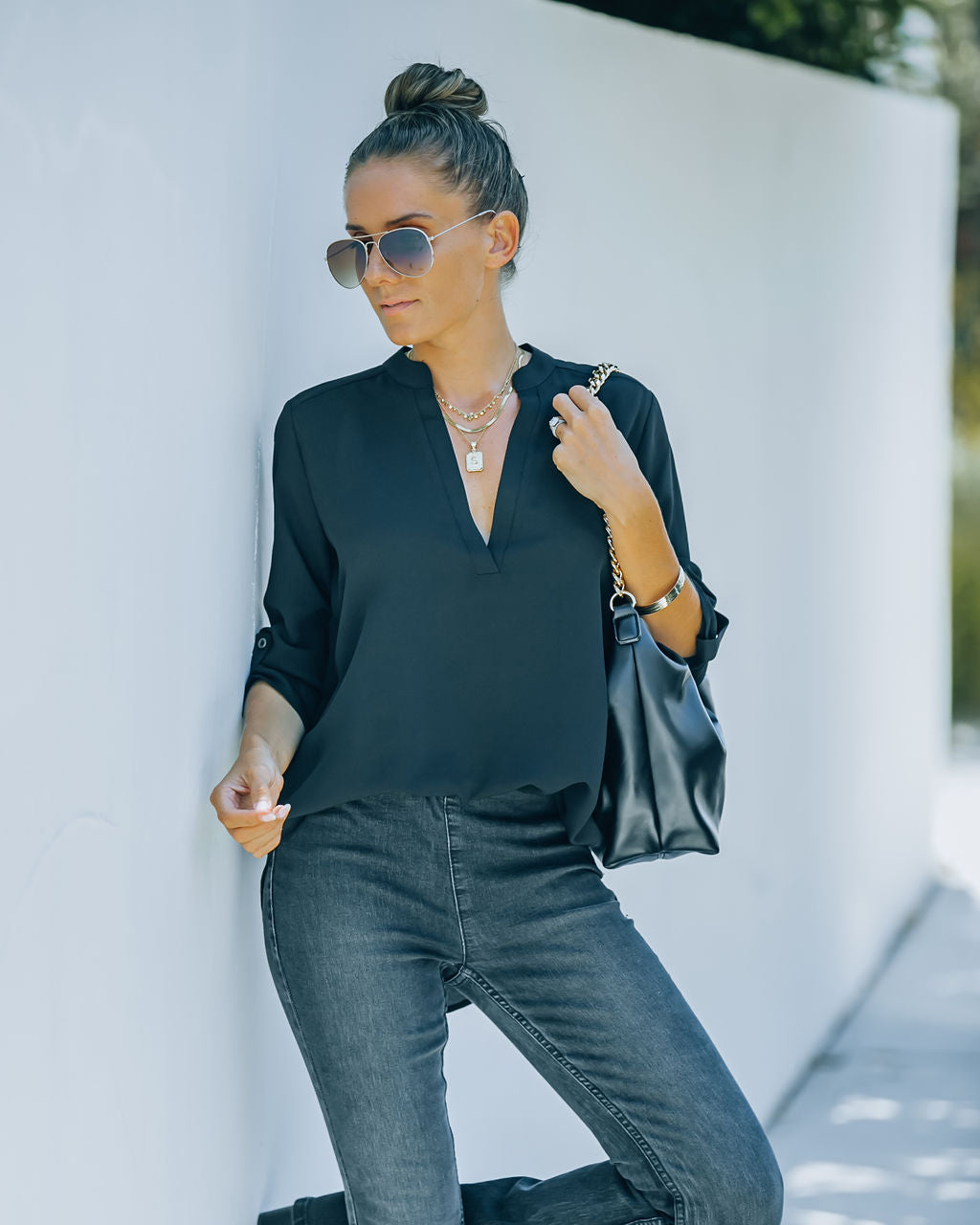 Split The Tab Blouse - New Black Oshnow