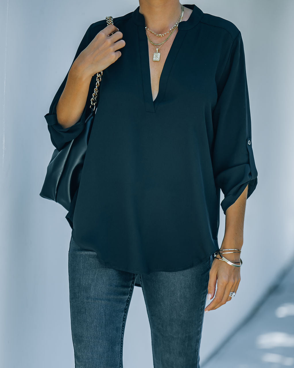 Split The Tab Blouse - New Black Oshnow