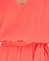 Spring Scene Pocketed Tie Romper - Bright Coral Oshnow