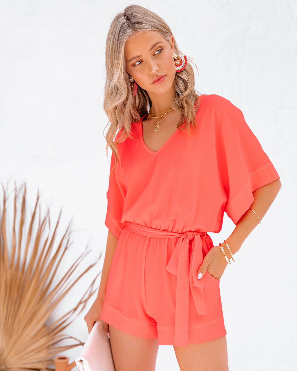 Spring Scene Pocketed Tie Romper - Bright Coral Oshnow