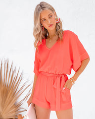 Spring Scene Pocketed Tie Romper - Bright Coral Oshnow