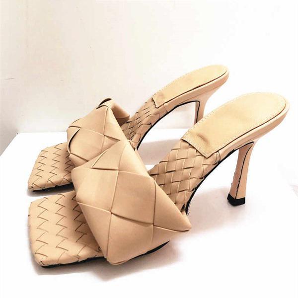 Square Open Toe Heeled Woven Leather Mule Slip On Quilted High Heels Oshnow