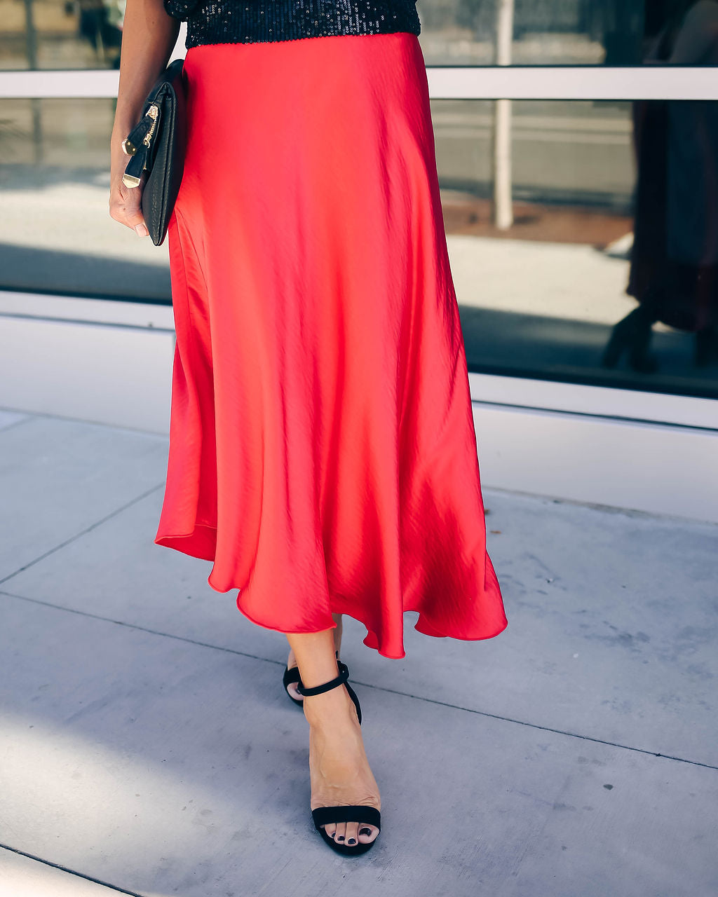 State Of Bliss Satin Asymmetrical Midi Skirt - Red Oshnow