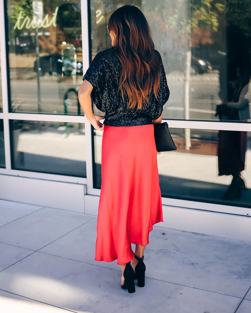 State Of Bliss Satin Asymmetrical Midi Skirt - Red Oshnow