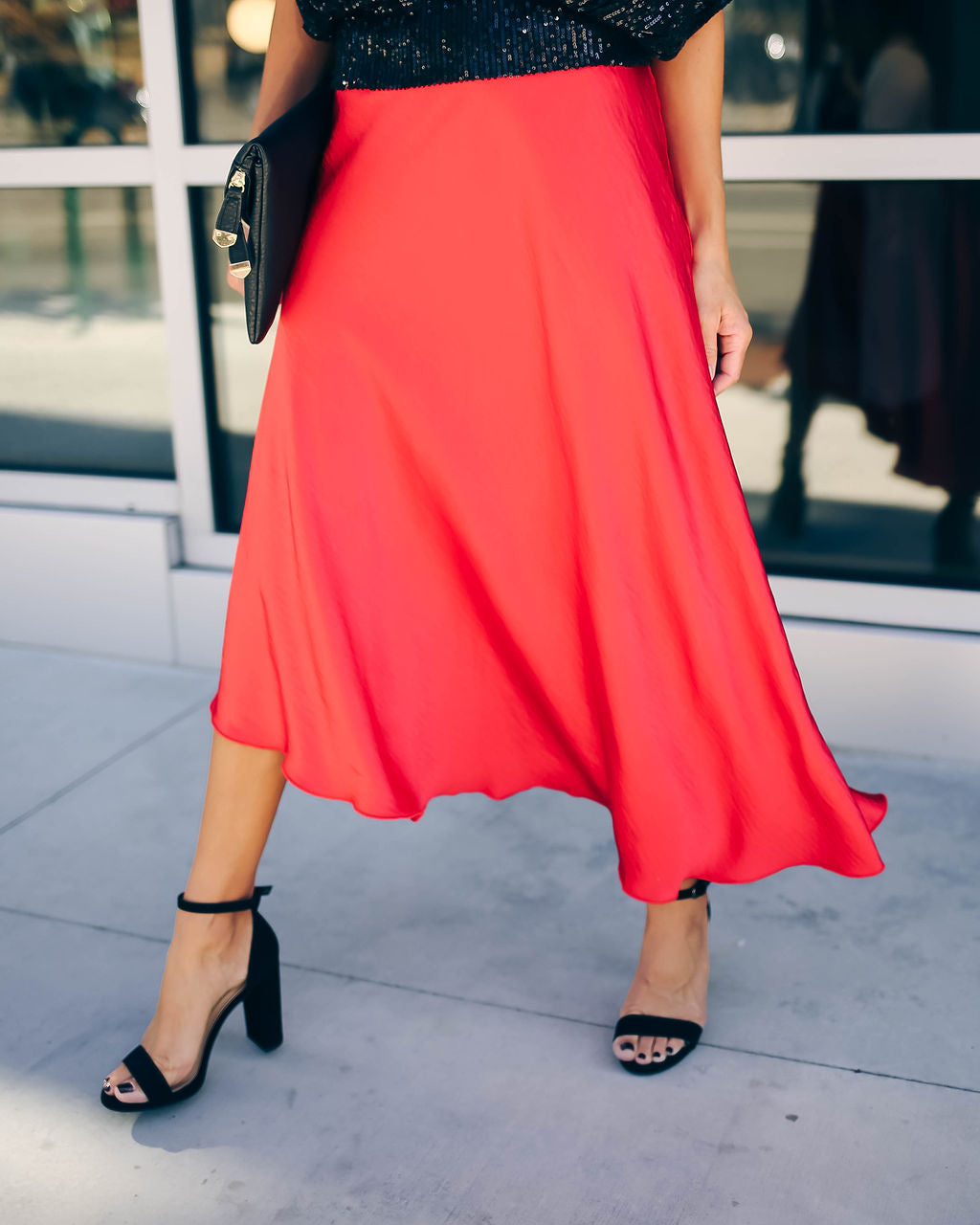 State Of Bliss Satin Asymmetrical Midi Skirt - Red Oshnow