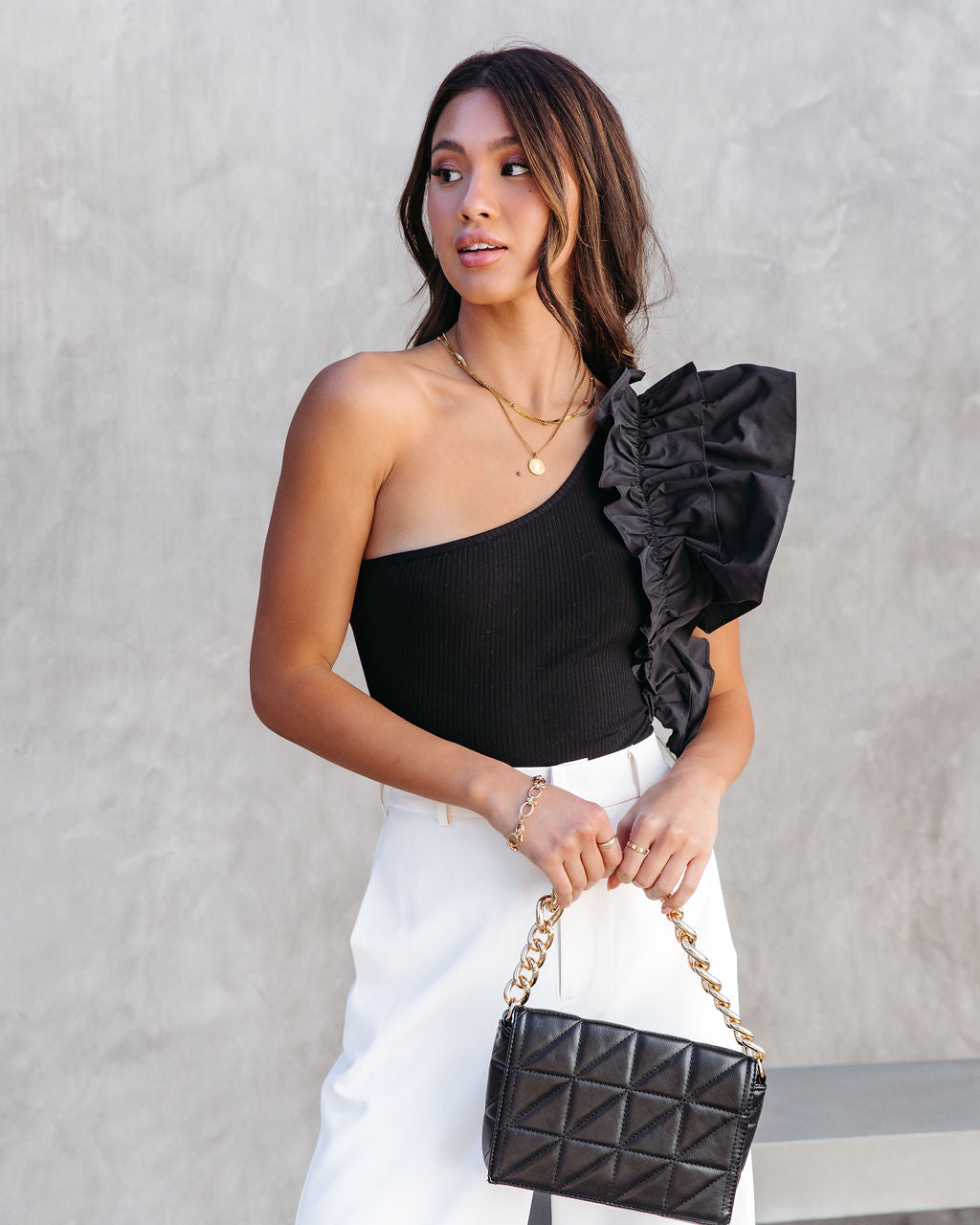Statement Maker Ribbed One Shoulder Ruffle Bodysuit - Black Oshnow