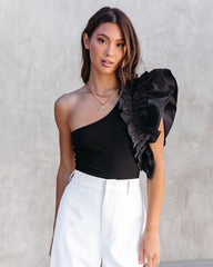 Statement Maker Ribbed One Shoulder Ruffle Bodysuit - Black Oshnow