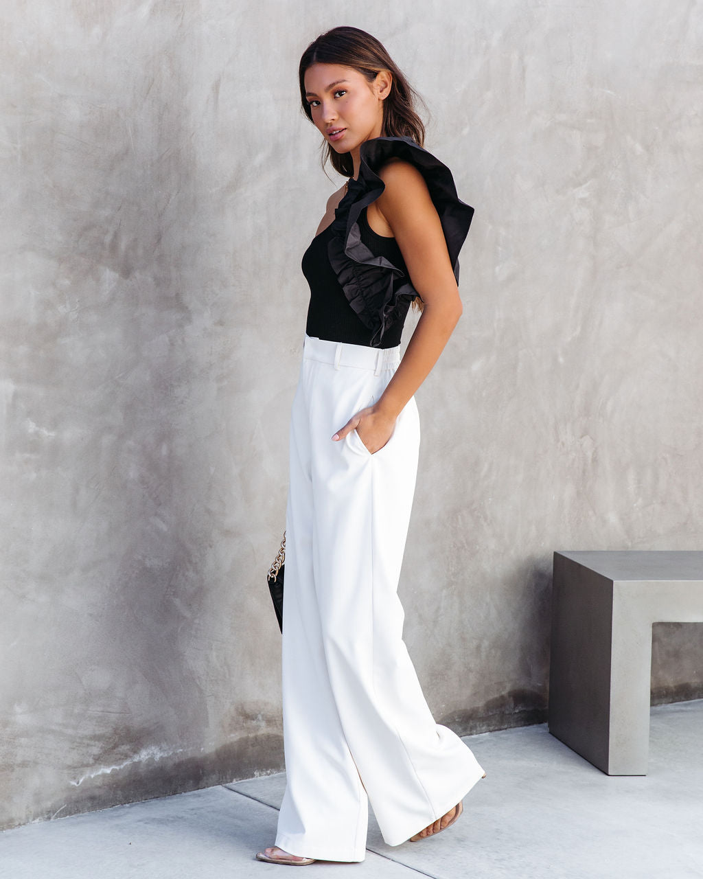 Statement Maker Ribbed One Shoulder Ruffle Bodysuit - Black Oshnow
