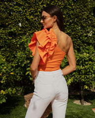 Statement Maker Ribbed One Shoulder Ruffle Bodysuit - Orange Oshnow