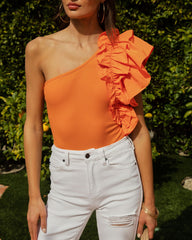 Statement Maker Ribbed One Shoulder Ruffle Bodysuit - Orange Oshnow