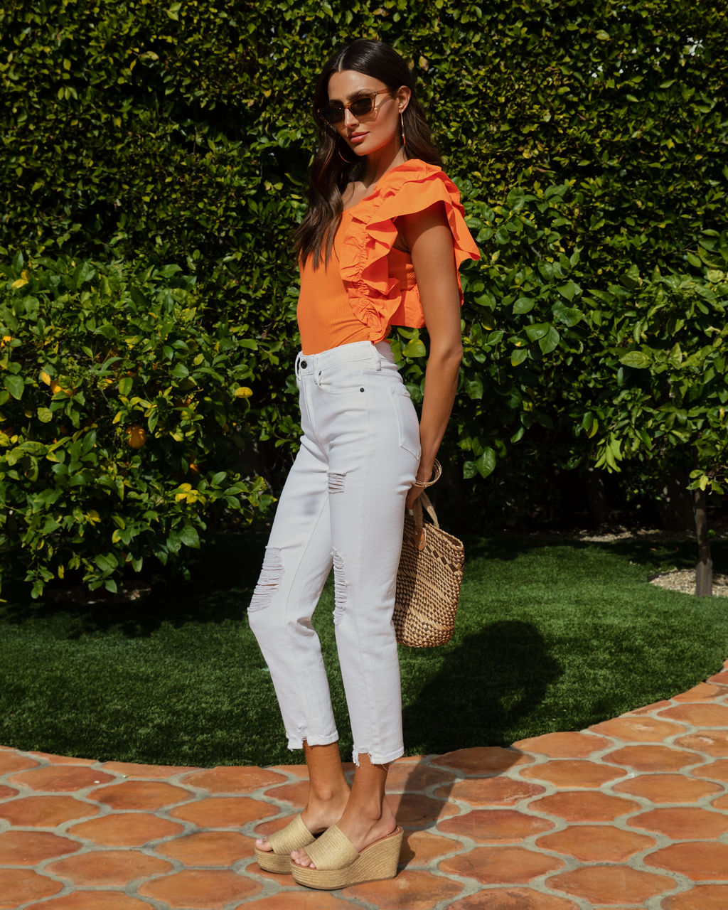 Statement Maker Ribbed One Shoulder Ruffle Bodysuit - Orange Oshnow