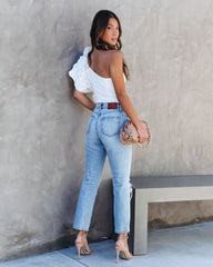 Statement Maker Ribbed One Shoulder Ruffle Bodysuit - White Oshnow