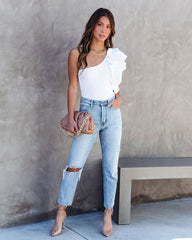 Statement Maker Ribbed One Shoulder Ruffle Bodysuit - White Oshnow