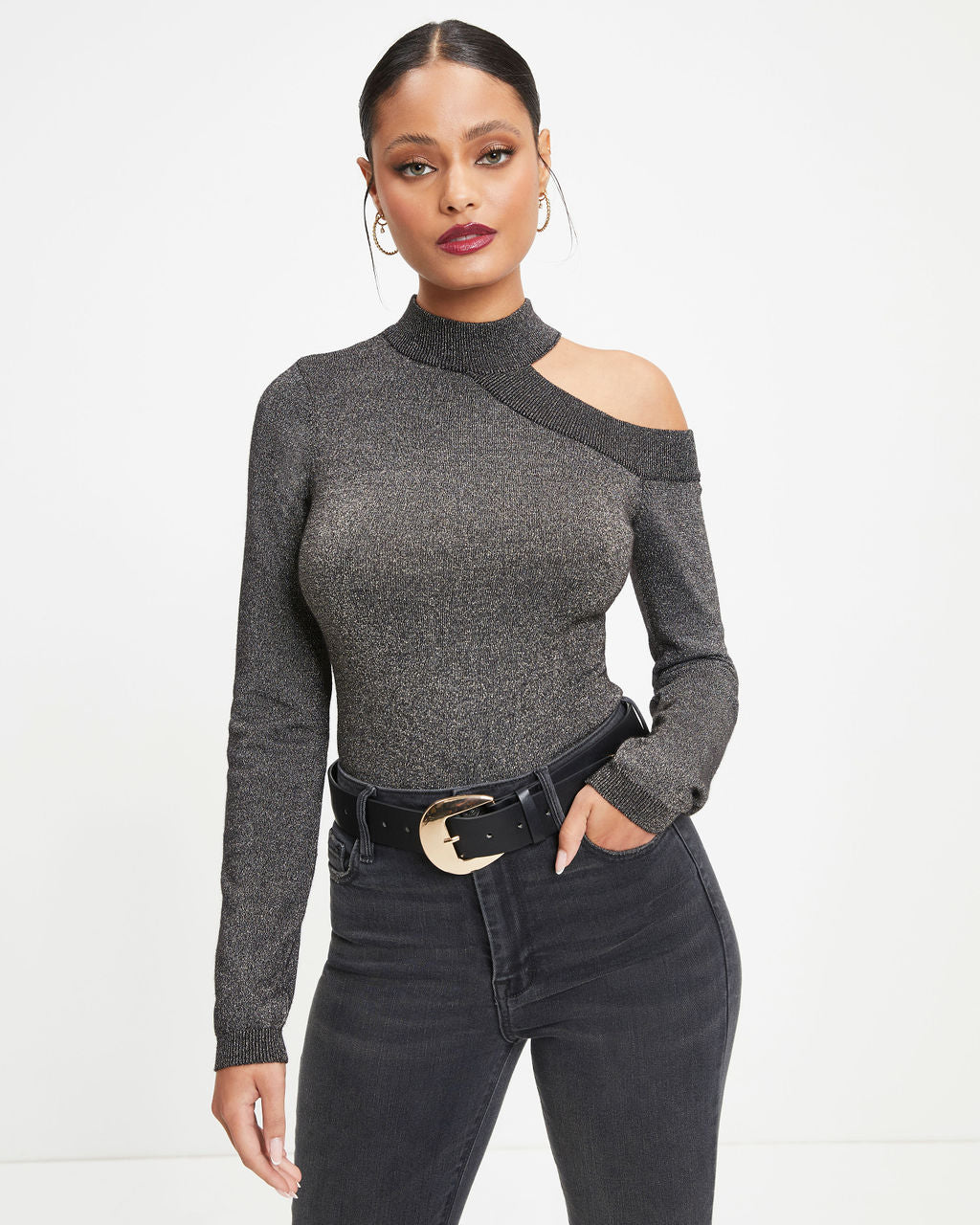 Stronger Than You Knit Metallic Cutout Bodysuit Oshnow
