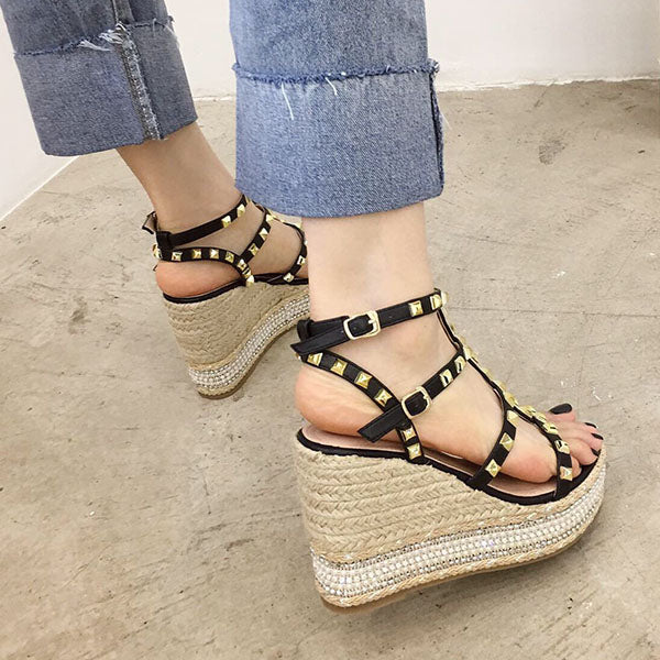 Stud Straps Open Toe Clogs Wedge Heel Sandals Oshnow