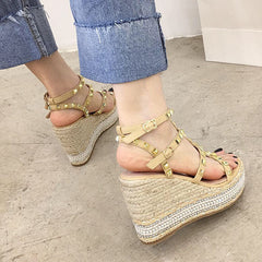 Stud Straps Open Toe Clogs Wedge Heel Sandals Oshnow