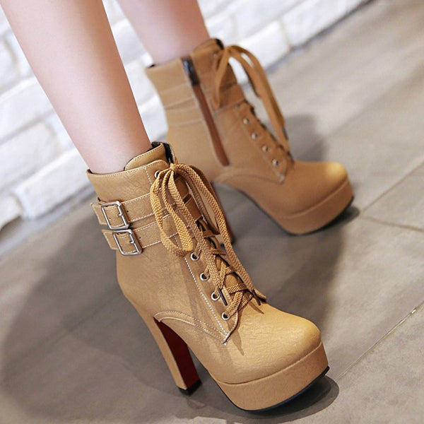 Stylish Lace Up Thick Heel Ankle Combat Boots Oshnow