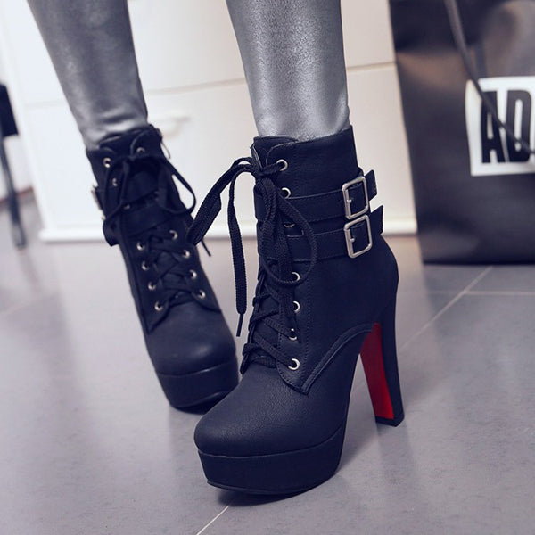 Stylish Lace Up Thick Heel Ankle Combat Boots Oshnow