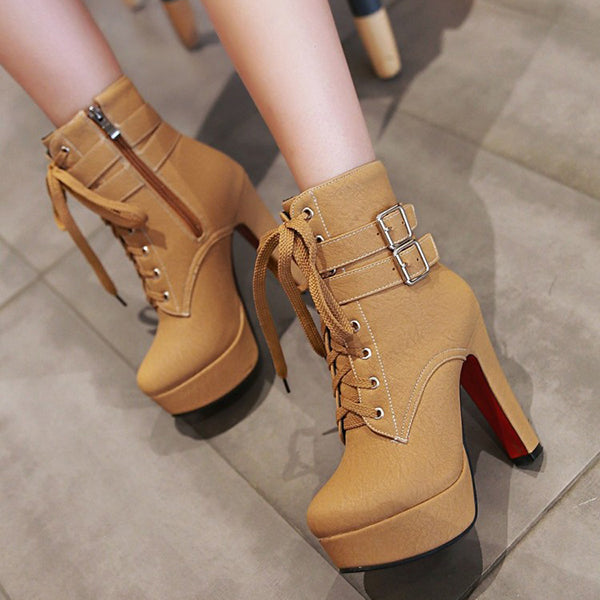 Stylish Lace Up Thick Heel Ankle Combat Boots Oshnow