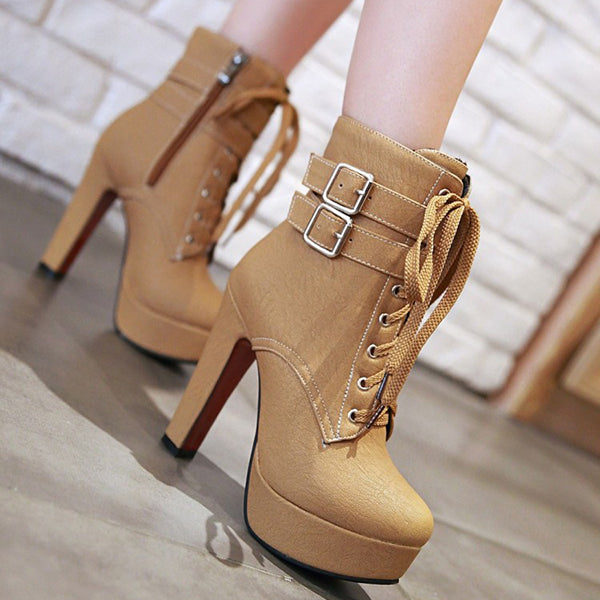 Stylish Lace Up Thick Heel Ankle Combat Boots Oshnow