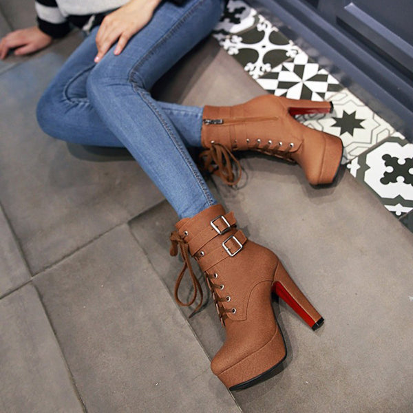 Stylish Lace Up Thick Heel Ankle Combat Boots Oshnow