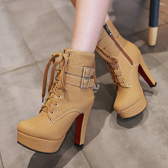 Stylish Lace Up Thick Heel Ankle Combat Boots Oshnow