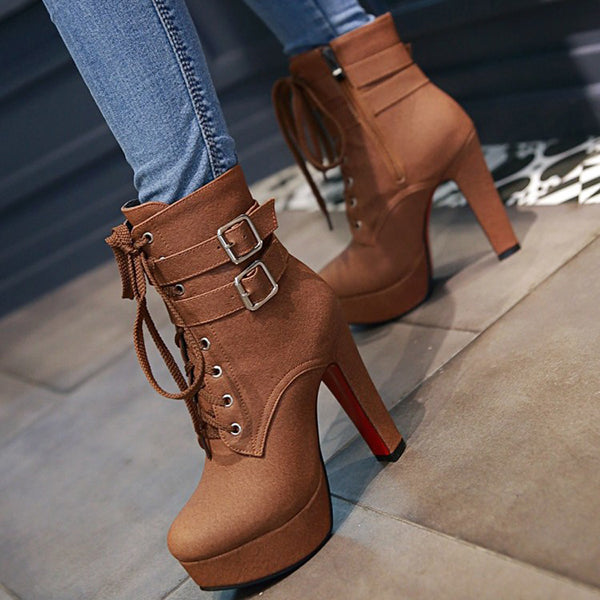 Stylish Lace Up Thick Heel Ankle Combat Boots Oshnow