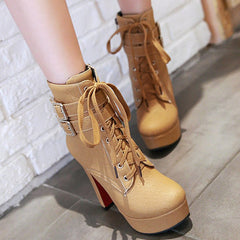 Stylish Lace Up Thick Heel Ankle Combat Boots Oshnow