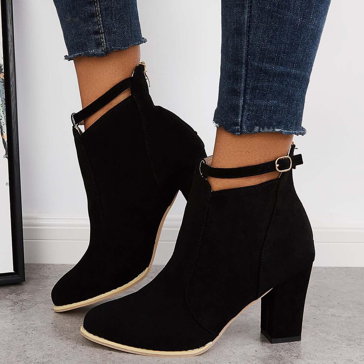 Suede Chunky Heel Ankle Boots Back Zipper Dress Booties Oshnow