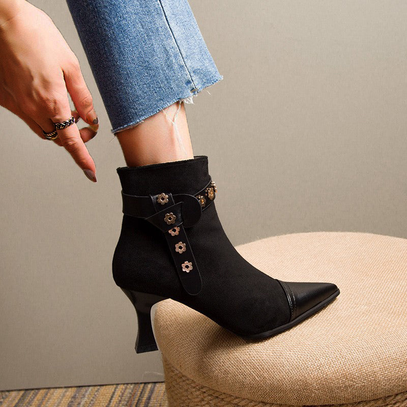 Suede Pointed Toe Kitten Heeled Ankle Boots Oshnow