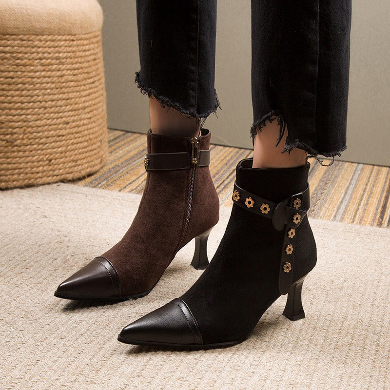 Suede Pointed Toe Kitten Heeled Ankle Boots Oshnow