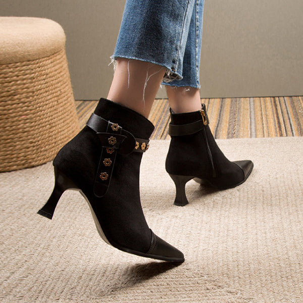 Suede Pointed Toe Kitten Heeled Ankle Boots Oshnow