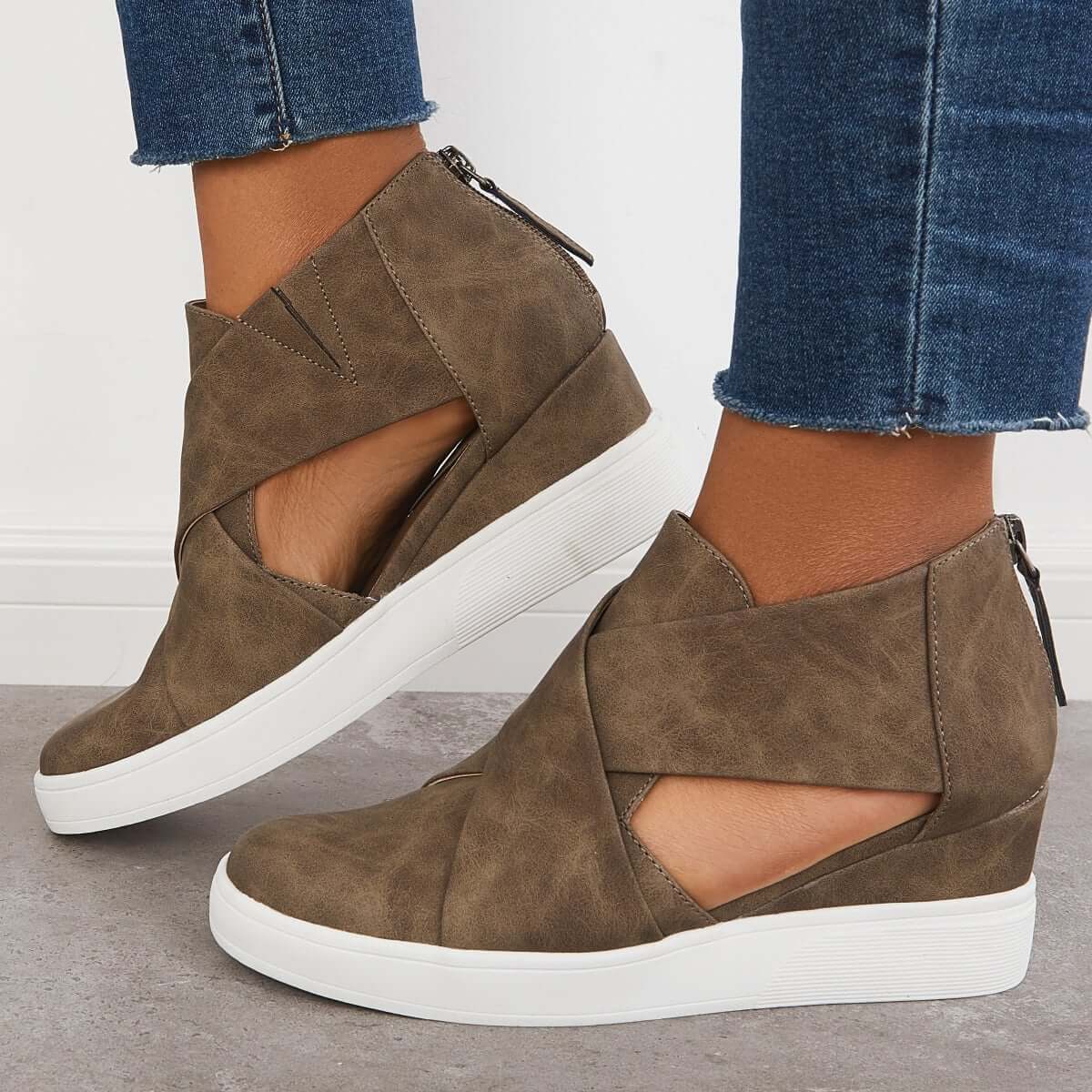 Suisecloths Casual Wedge Sneakers Platform Crisscross Cut Out Shoes Oshnow