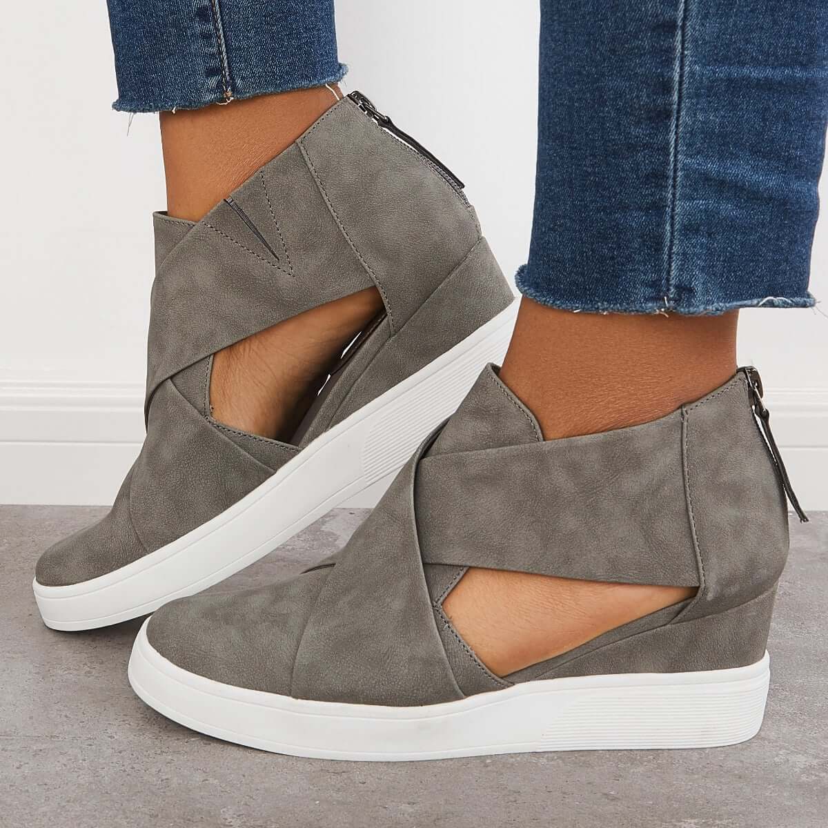 Suisecloths Casual Wedge Sneakers Platform Crisscross Cut Out Shoes Oshnow