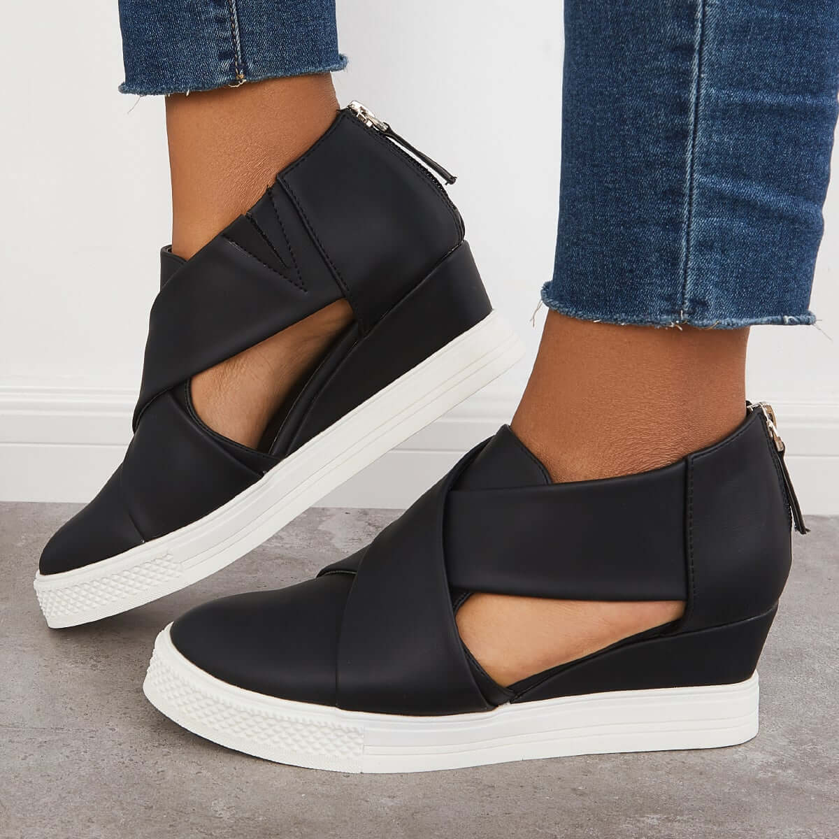 Suisecloths Casual Wedge Sneakers Platform Crisscross Cut Out Shoes Oshnow